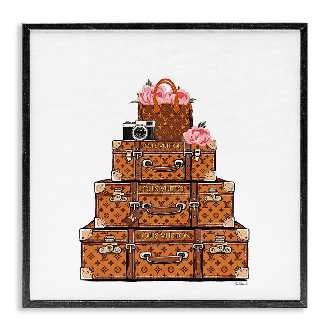 Stupell Industries Stacked Luggage with Floral Handbag Framed Giclee, design by Amanda Greenwood